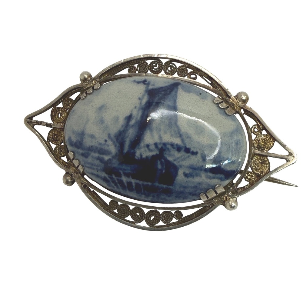 Antique Delft Porcelain Brooch Windmill Filigree Silver Pin Pre-1920